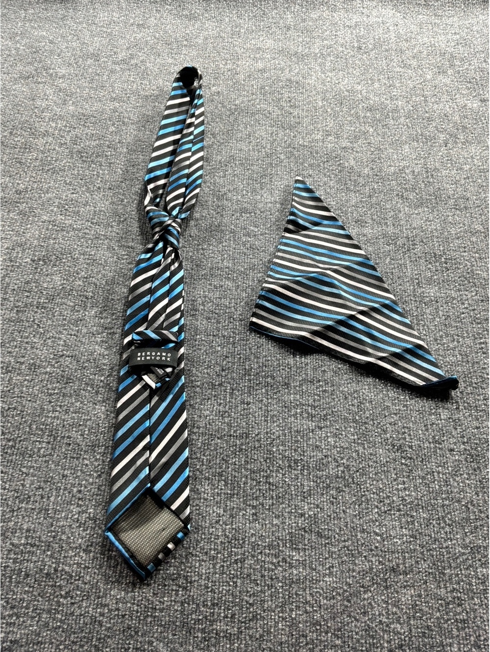 Men's Striped Tie and Pocket Square Set in Blue, Black, and Gray